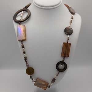 Handmade Brown Mother Of Pearl And Pearl Bronze Tone Necklace 24"